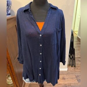 Navy linen Button-Front Shirt